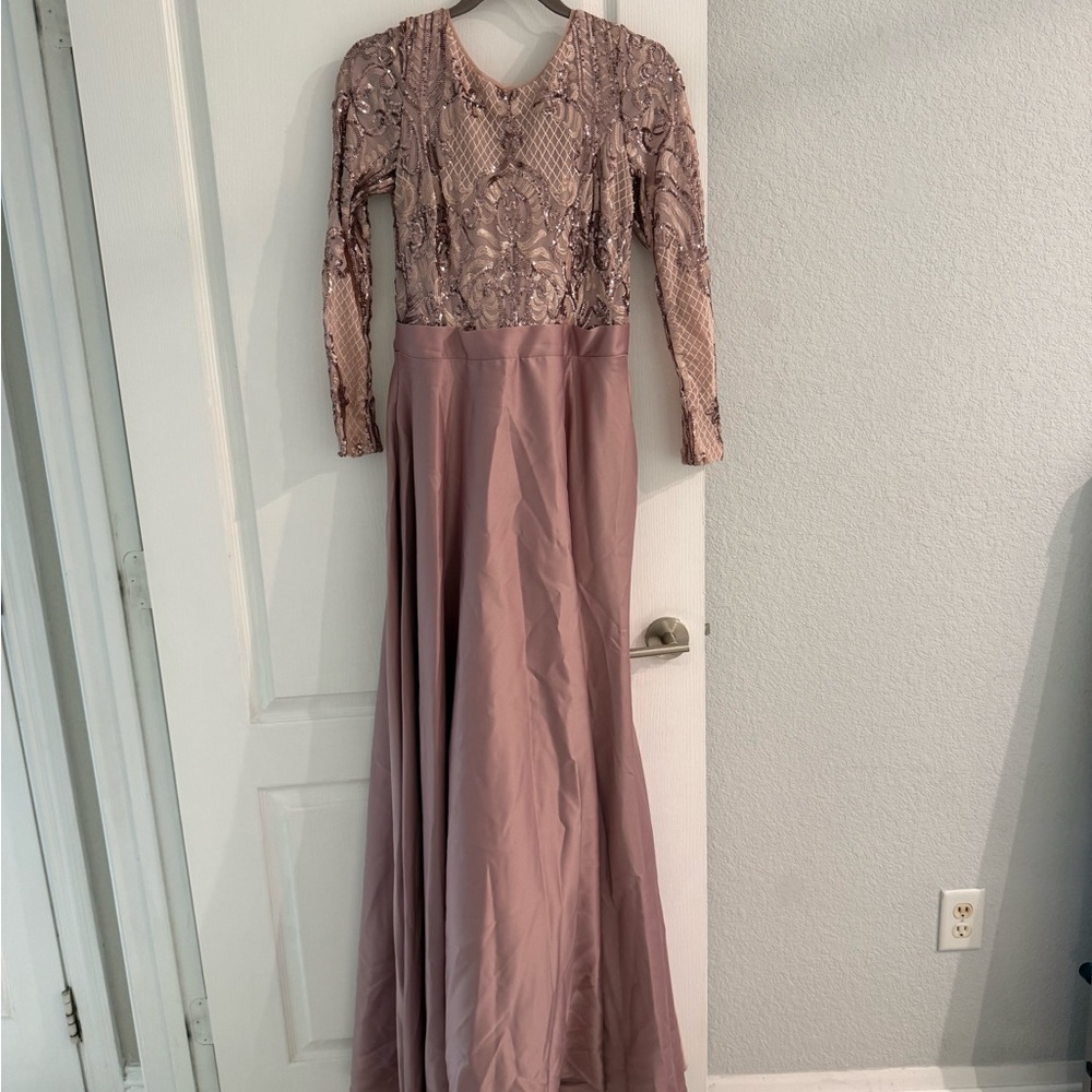 Betsy & Adam Long Sleeve Sequin Evening Gown - Dusty Rose